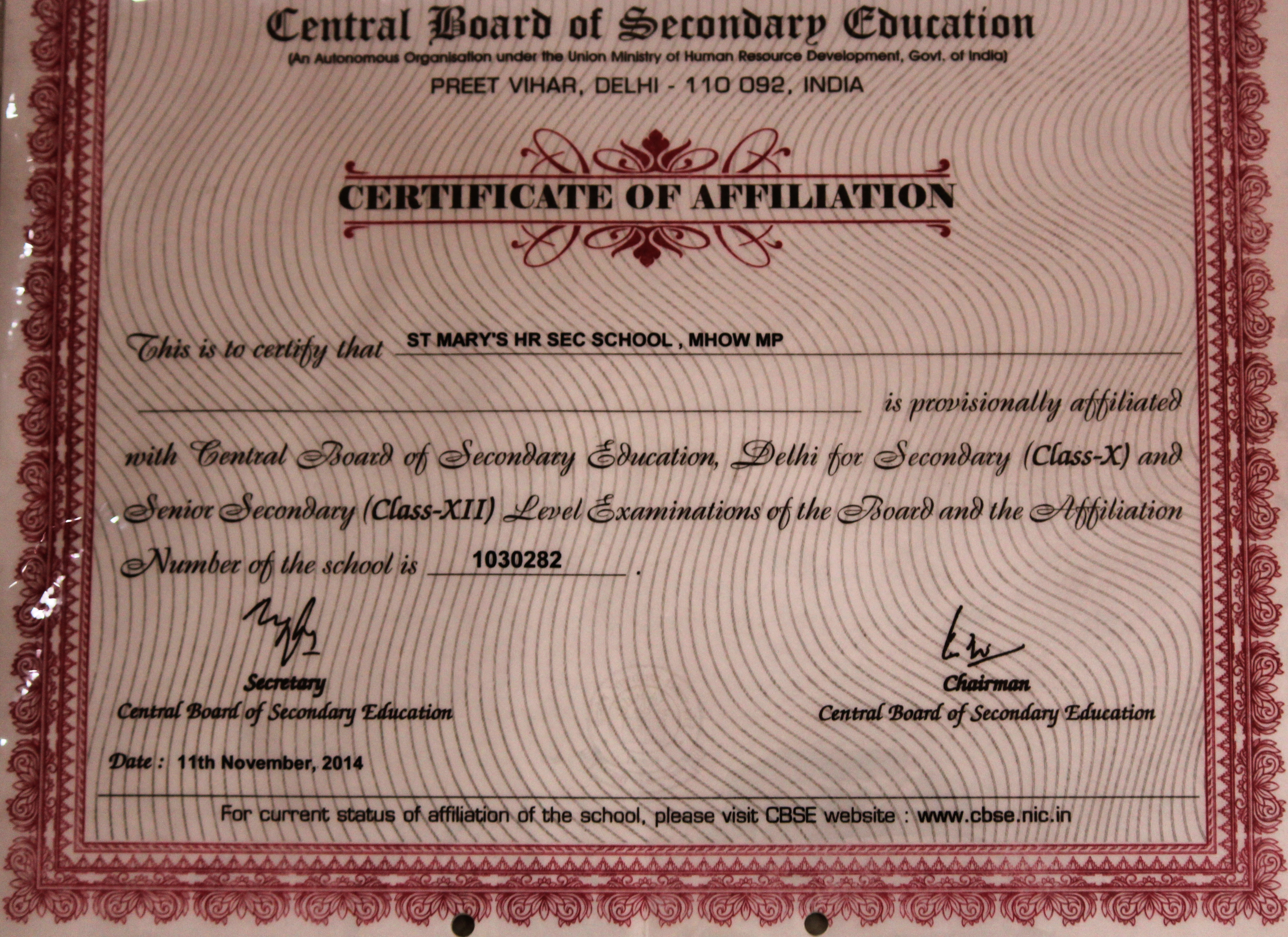 Certificate of Affilaition